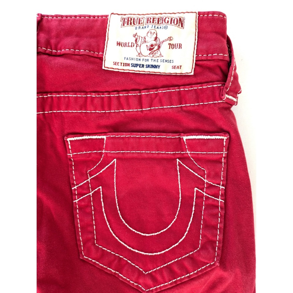 True Religion Super Skinny Jeans Red White Stitch Low Rise Size 25